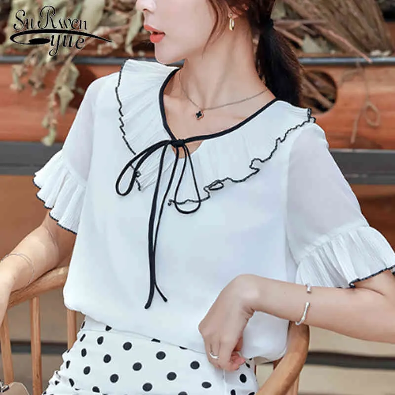Summer short sleeve white blouse ladies blusas mujer de moda ruffles chiffon womens tops and s 4729 50 210521