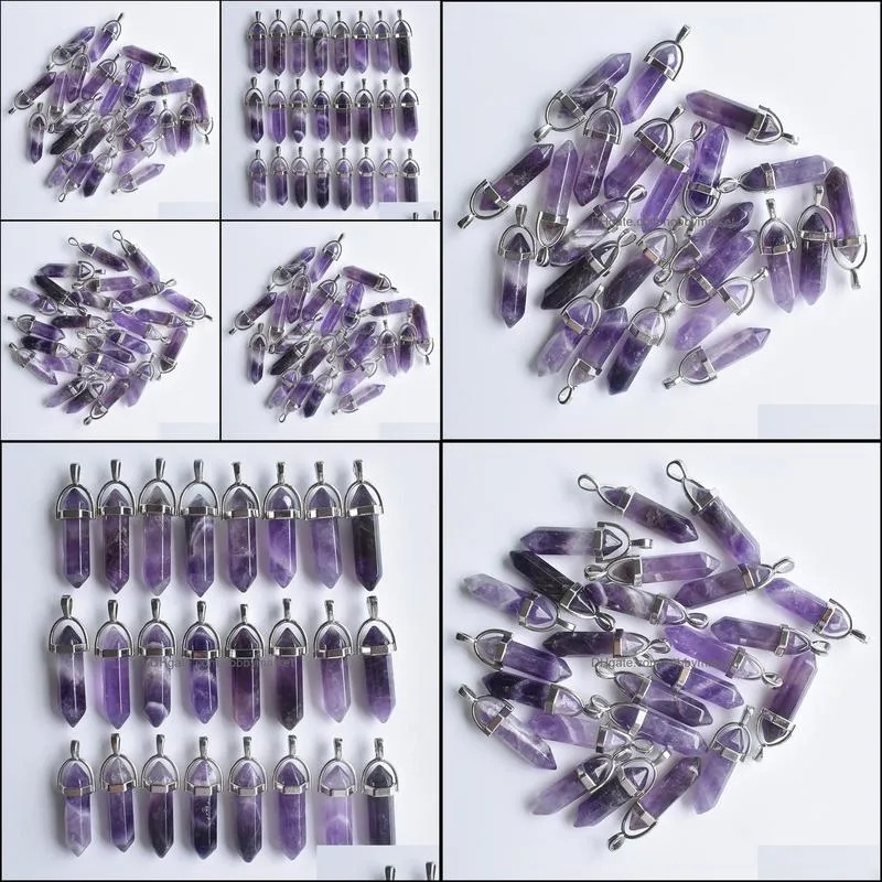 Natural stone Charms Amethyst Hexagonal healing Reiki Point pendants for jewelry making diy necklace earrings