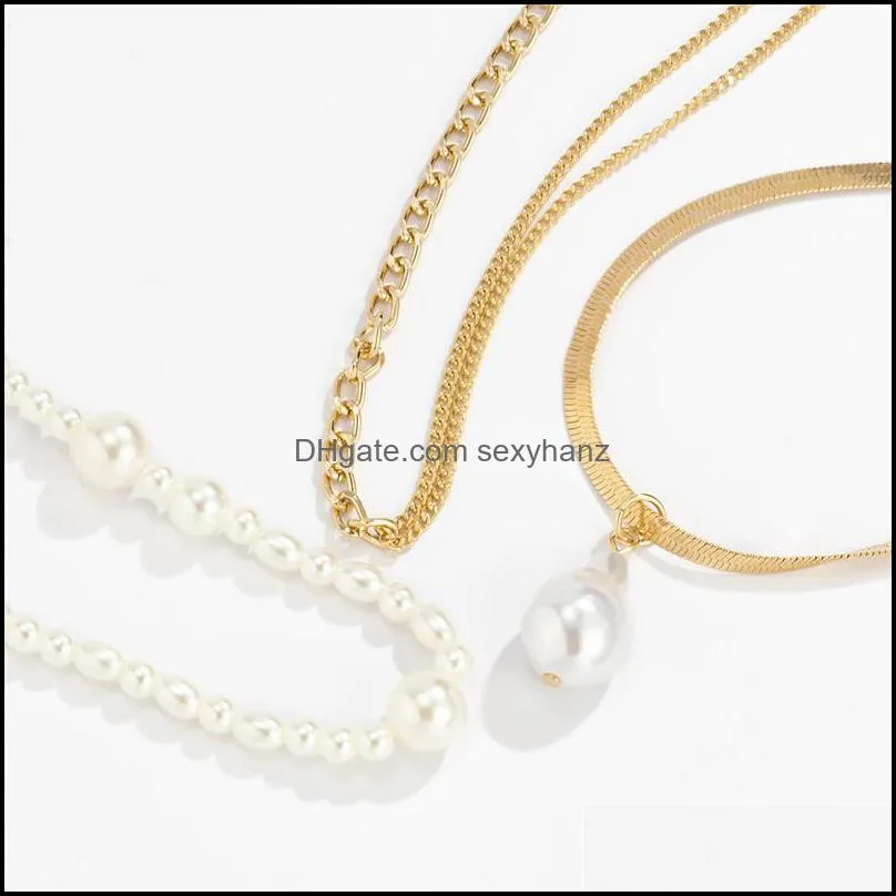 European Baroque Imitation Pearl Beaded Necklaces Women Hip Hop Gold Snake Chain Multi Layer Party Dress Gift Copper Necklace Jewelry Accessories