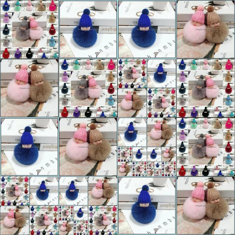 Cute Sleeping Baby Plush Doll Keychain Soft Rabbit Fur Ball Pom Poms Plush Key chain Car Key ring Bag keychain With Fast Shipping