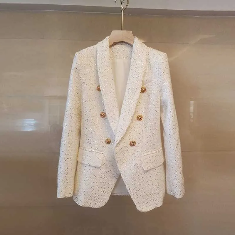 Aankomstbaan Dames Hoge Kwaliteit Glanzende Pailletten Luxe Tweed Jas Jas Elegant Mooi Kantoorwerk Draag bovenkleding 210529