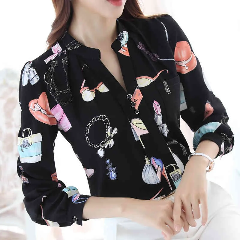 Zwart-wit bloem print blouse vrouwen kraag kraag knop shirt autum fashion casual chiffon 884a 210420