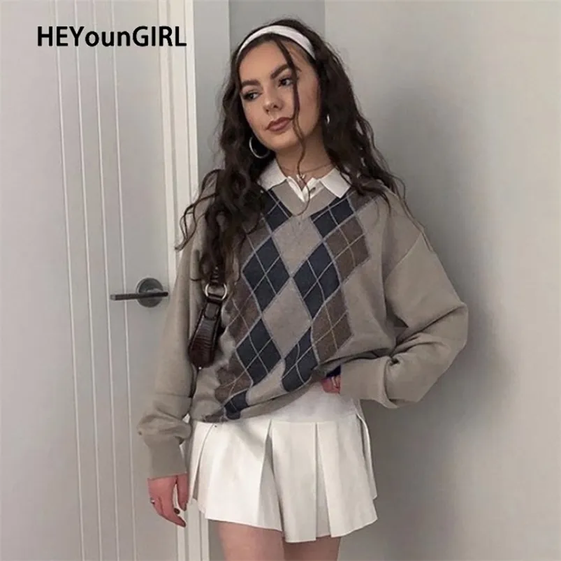 Heyoungirl Tiki Tarzı Vintage V Boyun Kazak Kadın Sonbahar Rahat Argyle Ekose Y2K Jumper Kadın Kore Moda Kazak Kış 210812