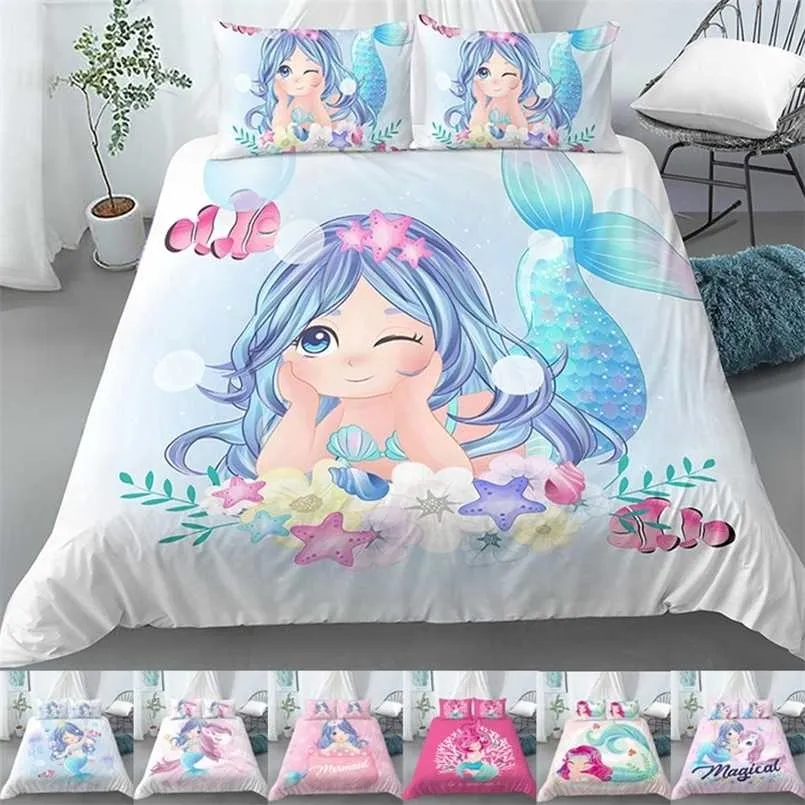 Pościel Zestaw łóżeczka Duvet Cover Dla Dziecka Dzieci Poszewka Poszewka Cartoon Mermaid Edredones Nios Girls Księżniczka Kołdra 211023