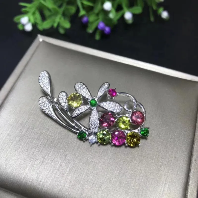 Andere natuurlijke multicolor toermaline elegante zoete clusters broche hanger edelsteen S925 zilveren vrouwen meisje geschenk sieraden