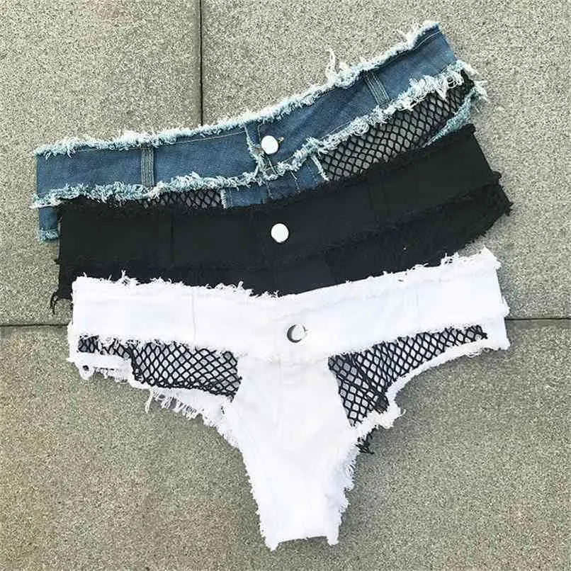 Micro Bikini Mini Curto Sexy Club Beach Denim Verão Branco Femme Low Cintura Calça Jeans Para As Mulheres Escavadas 210714