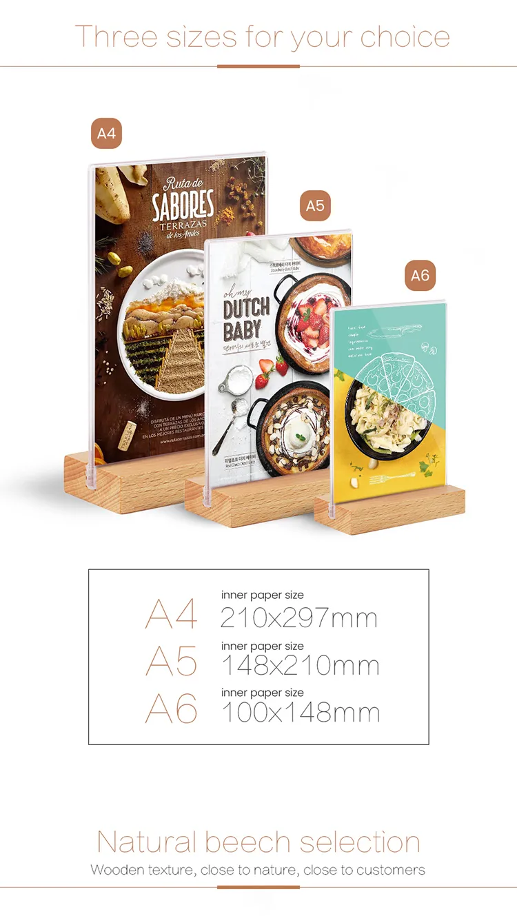 High Quality Hot-bending A5 Clear Tabletop Tent Card Wooden Restaurant Plastic Upright Acrylic Table Menu Holder Display