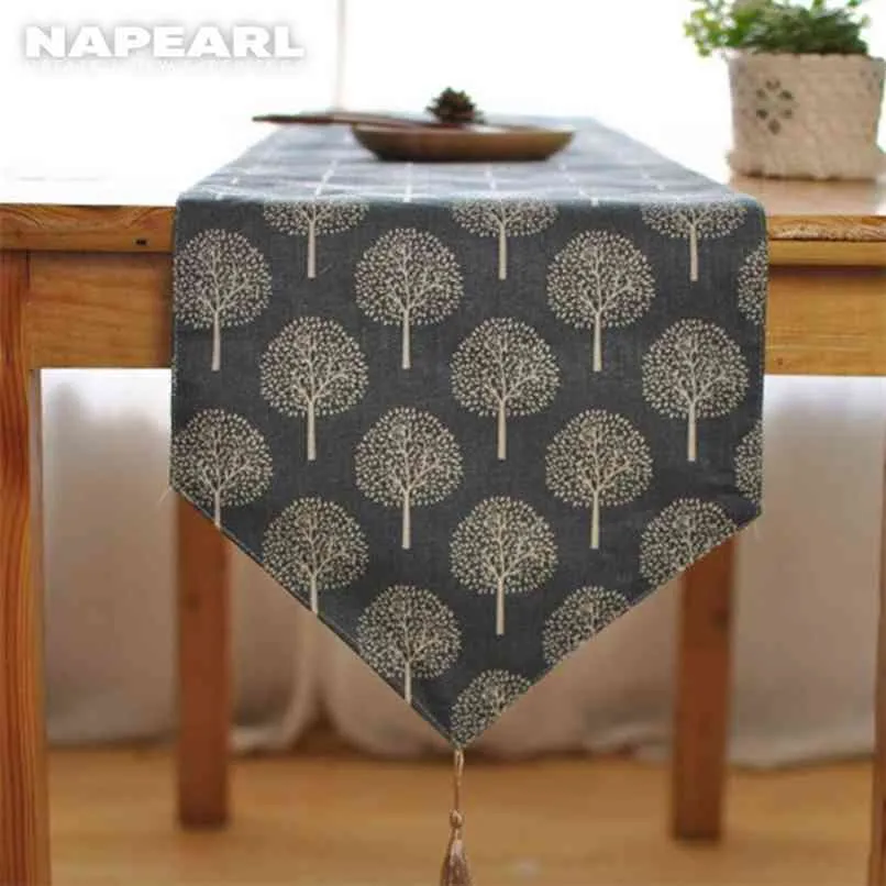 NAPEARL 1 Piece Sale 30x180cm Blue White Tree Pattern Linen Table Runner Dinner Towel Cloth For Christmas Decortaion 210628