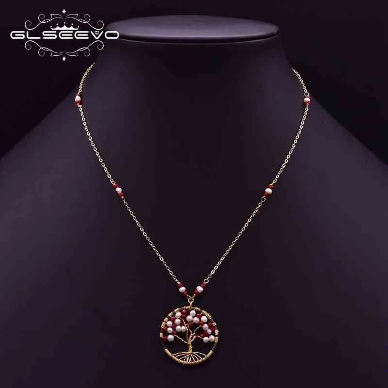 Glseevoオリジナルデザイン自然真珠の赤いガラスツリーペンダントボーネックレス女性の調節可能なジュエリーギフトGN0213