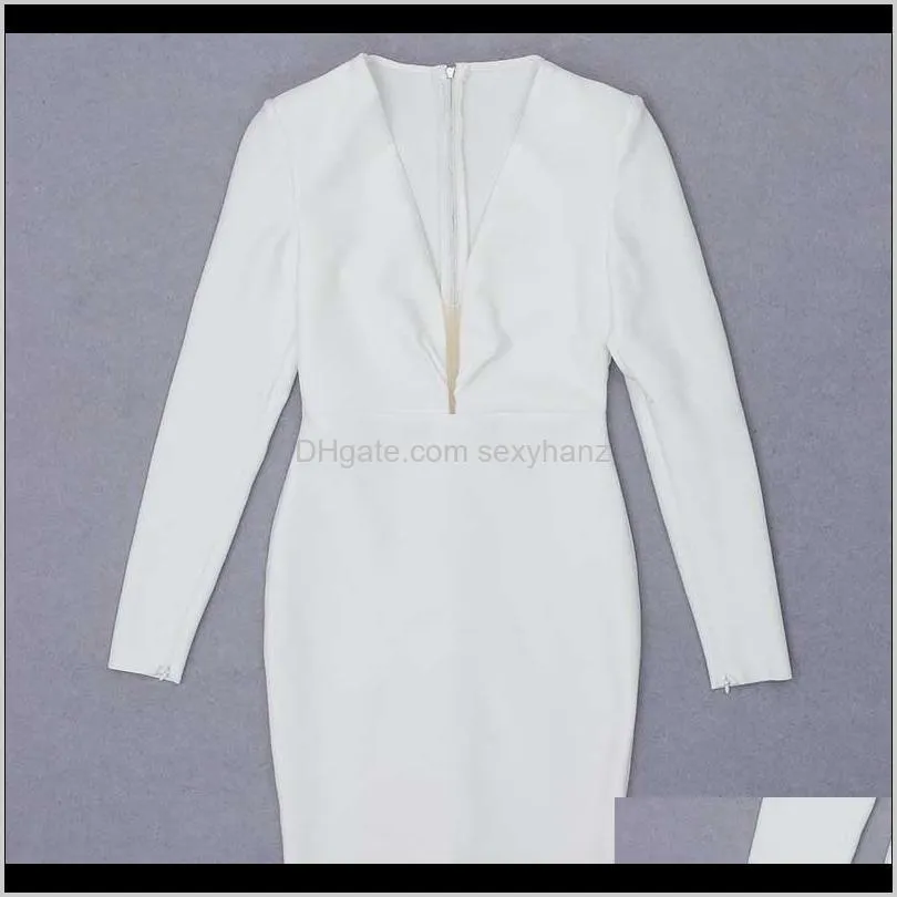  shipping wholesale women white long sleeve v-neck sexy club mid-length celebrity cocktail party bandage dress