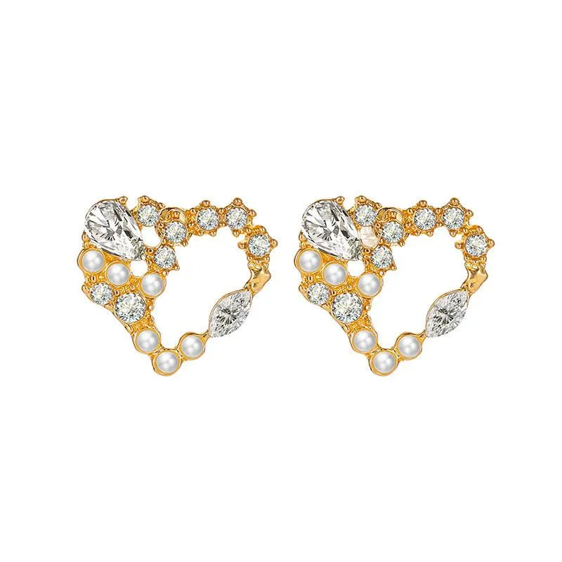 Heart Pearl Crystal Earrings Stud Hollow Valentine's Day Regalo Gift Lega Ear Drop Donne Party di Compleanno 925 Argento Love Orecchino Accessori gioielli