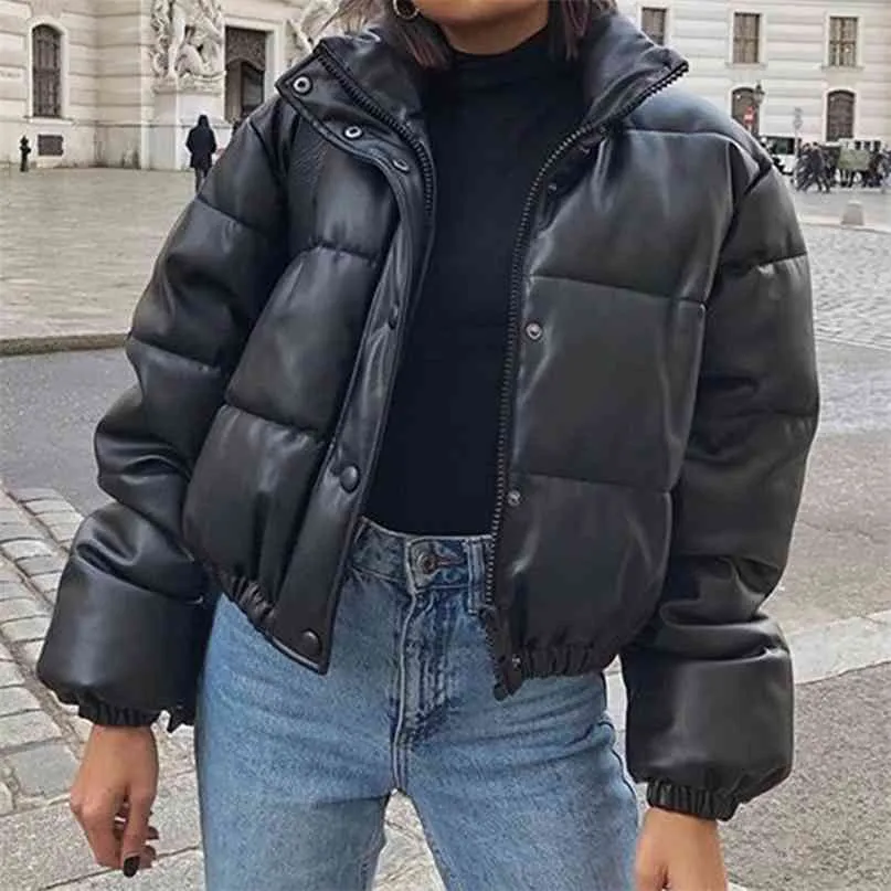 Faux Lether Warm Puffer Cropped Black Jacket Dames Herfst Winter Vrouw Down Bubble Jas Turtleneck Lange Mouwen Dikke Parkas 210923