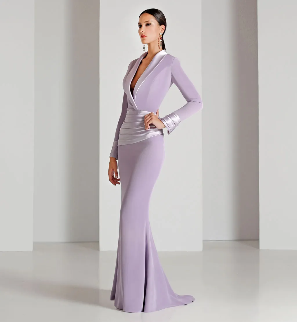 V-Neck 긴 이브닝 드레스 라이트 퍼플 탄성 새틴 칼라 숄더 숄더 숄더 현대식 바닥 길이 댄스 파티 가운 프릴