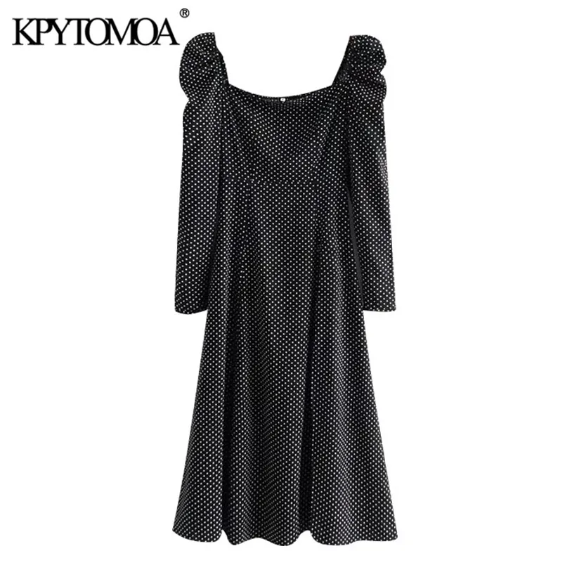 Mulheres elegante moda polka dot front slit midi vestido slow sleeve preto elástico vestidos femininos vestidos 210420