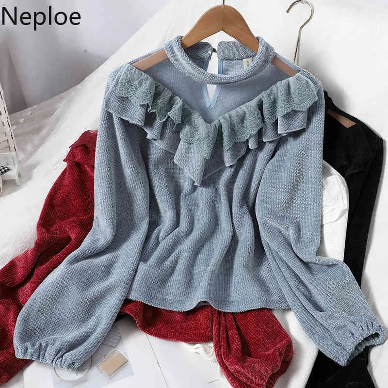 Neploe Blusas Mujer De Moda Patchwork See Through Shirts O-neck Lace Ruffles Blouses Women Korean Temperament Tops 4H069 210422