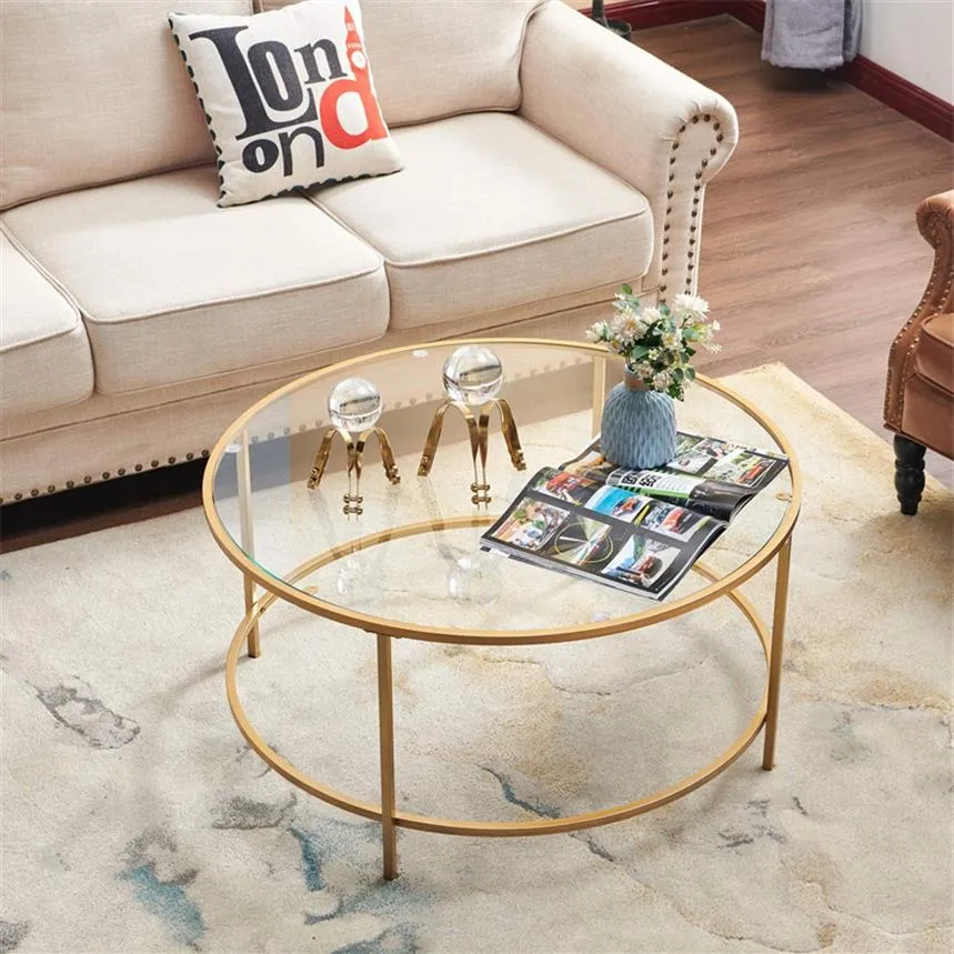 US stock Round Coffee Table Gold Modren Accent Table Tempered Glass Side Table for Home Living Room Mirrored Top/Gold Frame2416