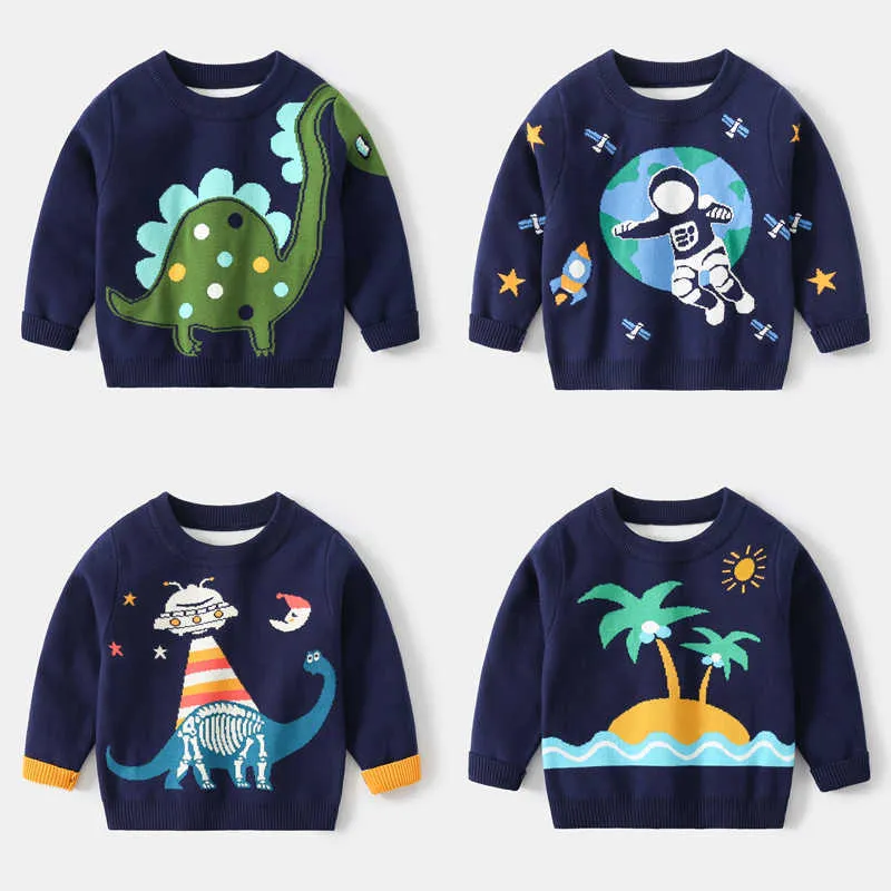 Barn tröja 2021 ny tecknad stickning kläder barn pojke dinosaur rund krage toppar baby pojkar mode långärmad tröja y1024