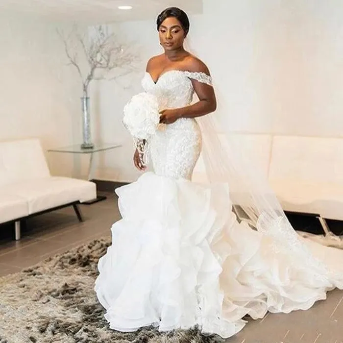 South African Tiered Mermaid Wedding Dress with Off-Shoulder Design, Sweetheart Neckline, Applique Ruffles, and Fashionable Style - Style 0509