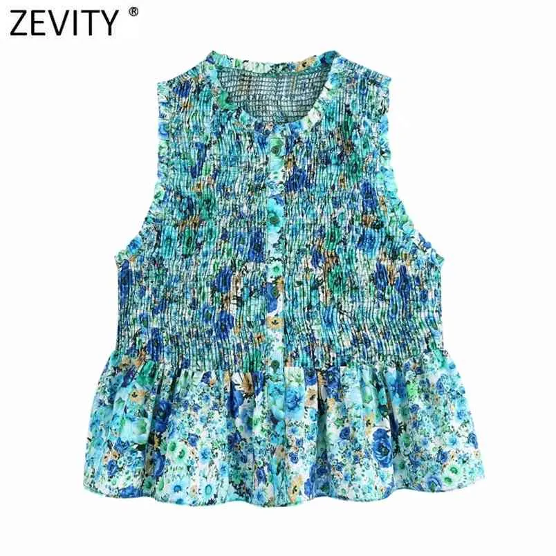 Women Sweet Floral Print Elastic Slim Short Smock Blouse Female Sleeveless Vest Shirts Chic Hem Ruffles Crop Tops LS9269 210420