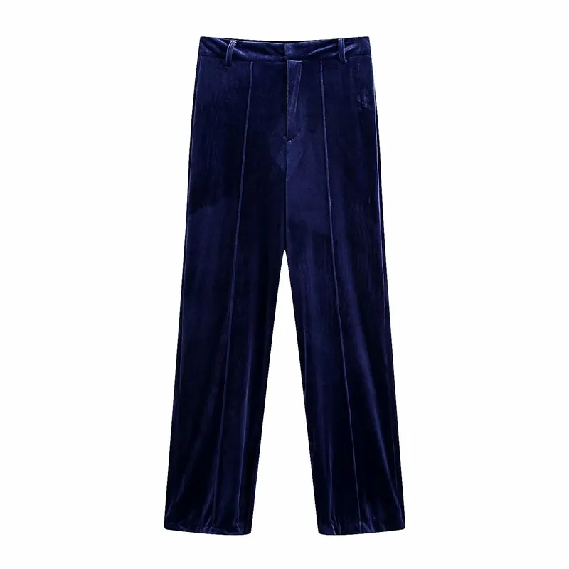 Elegante vrouwen massief gestreepte lange broek mode dames rechte broek causale vrouwelijke chic blauw dik fluwelen 210427