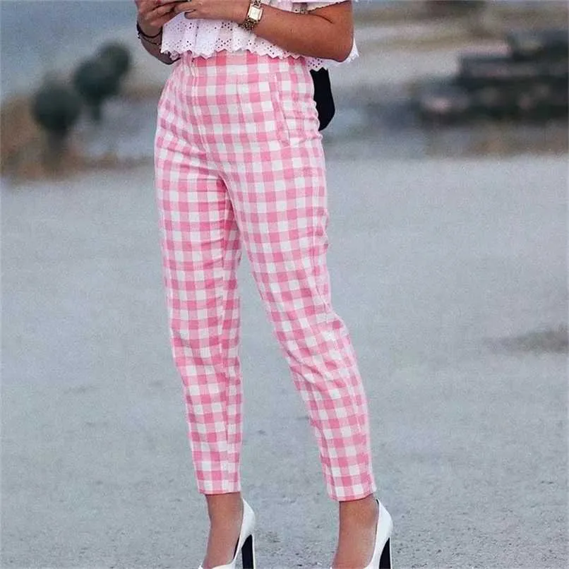 Merodi Bureau Lady Mode Rose Plaid Costume Coton Long Pantalon Femmes Été Za Taille Haute Fermeture À Glissière Droite Chic Pantalon 211112