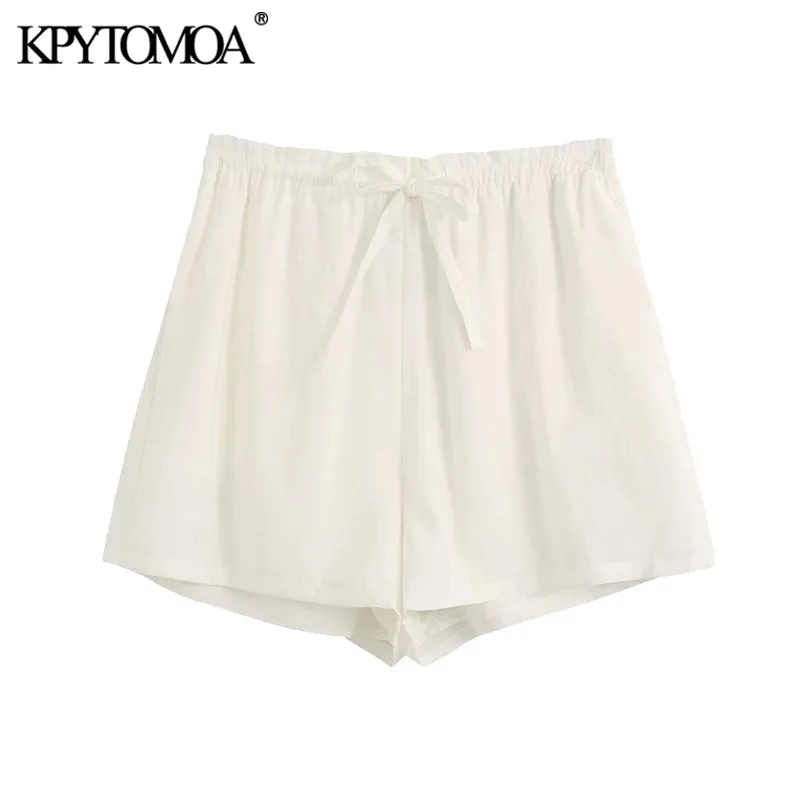 Women Fashion With Drawstring Shorts Vintage High Elastic Waist Side Pockets Female Short Pants Pantalones Cortos 210416