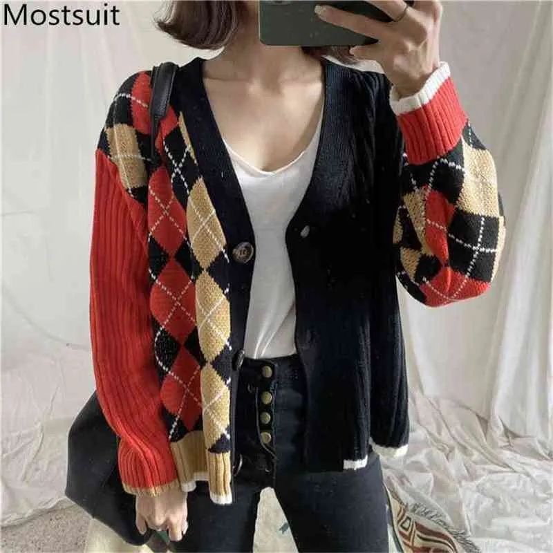 Vintage V-neck Diamond Pattern Cardigans Women Long Sleeve Single Breasted Tops Korean Loose Fashion Sweaters Vestidos 210513