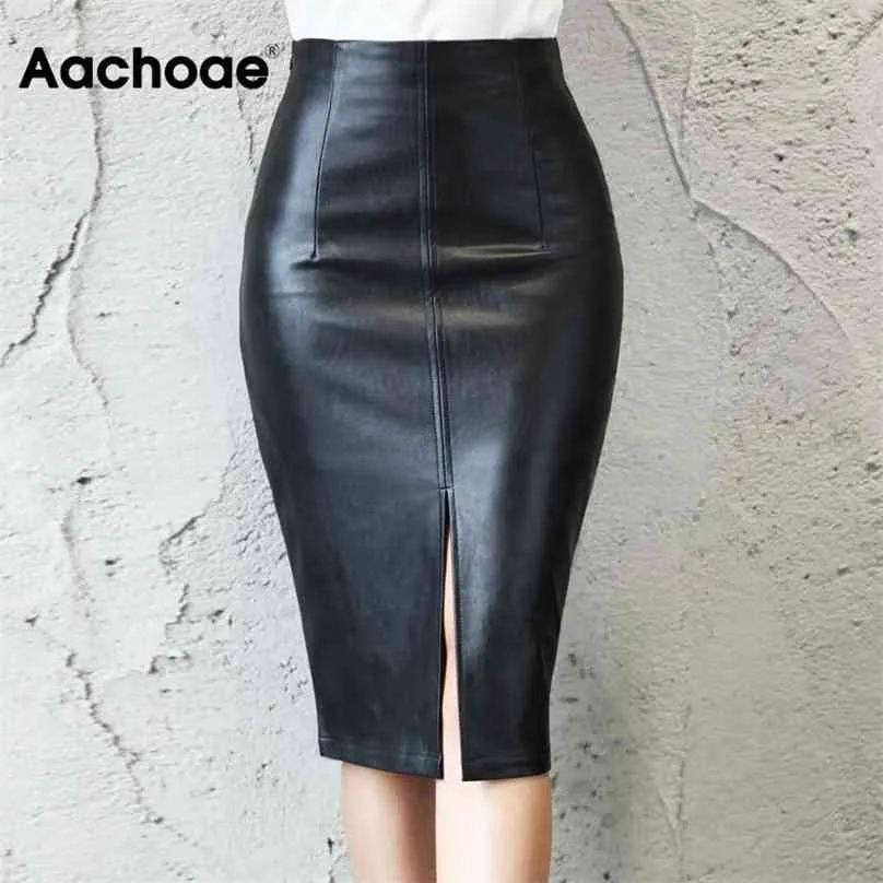 Aachoe Women Moda Pu Faux Leather Lápis Saias Escritório Desgaste Split Black Midi Feminino Plus Size Chic Bodycon 210629