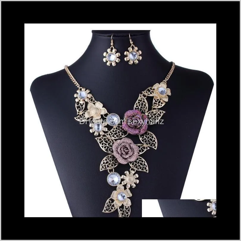 high-end crystal exaggerated jewelry retro flower jewelry set auger alloy hollow out brief necklace
