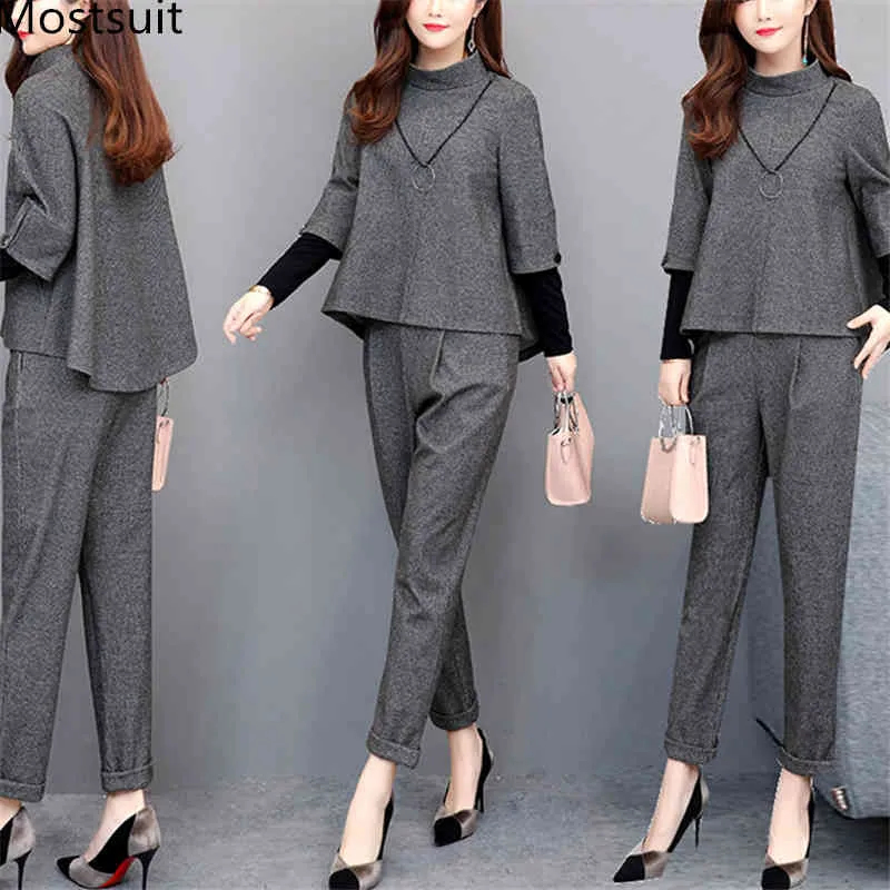 Outono cinza elegante dois pedaços conjuntos roupas mulheres plus size pedaços falsos tops e calças ternos escritório feminina coreana 210514