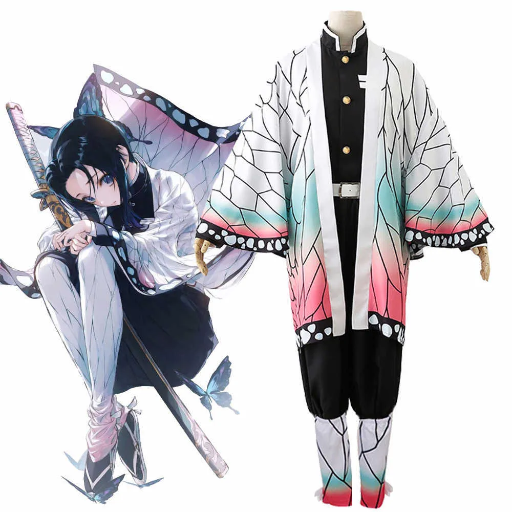 Аниме демона убийца Kimetsu No Yaiba Kochou Shinobu Cosplay Costume Женщины Кимоно Униформа Хэллоуин Карнаваль Партия Костюм WIG Y0903