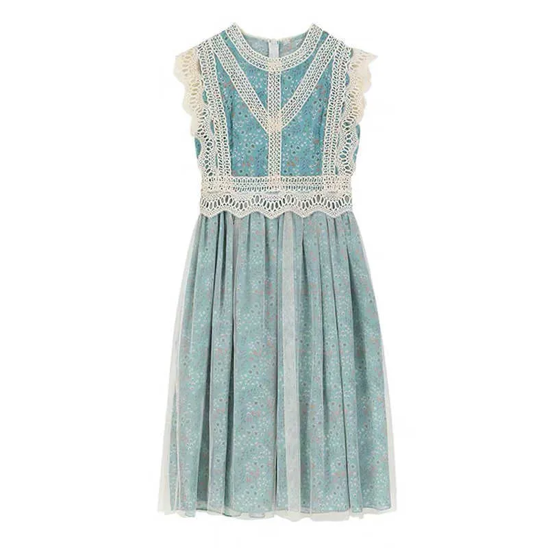 Peut-être U creux dentelle maille imprimé floral genou longueur robe femmes été o cou fermeture éclair bleu fée robe D1371 210529