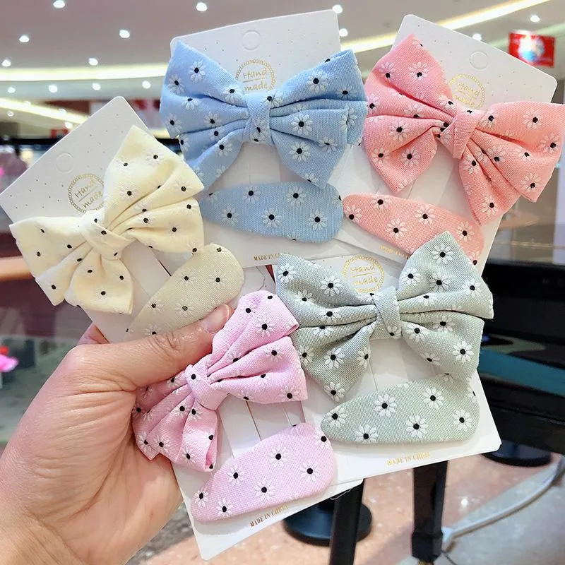 Hair Accessories 2PCS/Lot Korean Printed Bow Fabric Embroidered Flowers Lovely Cute Princess Girl Children Clips Solid Hairpins Accesories
