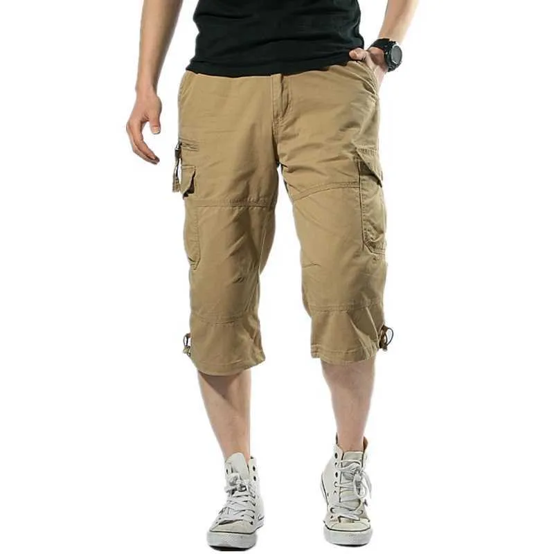 Man Shorts Multi Pocket Sommar Loose Zipper Breeches Khaki Grå Plus Storlek Kort Byxa Casual Bomull Svart Long Mens Cargo 210714