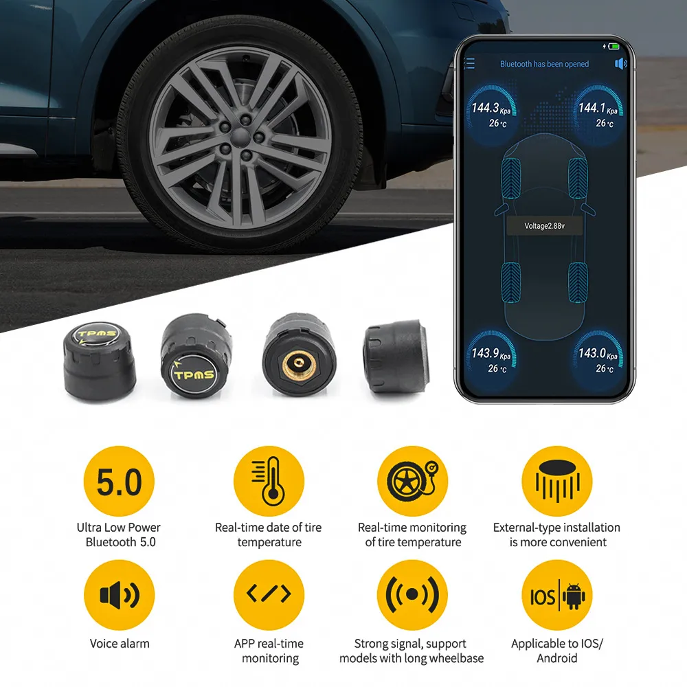 TPMS Bluetooth 5.0 Sensores de pressão de pneu de alarme externo Android iOS BLE TPMS Universal Sensor de Pressão de Pneus impermeável