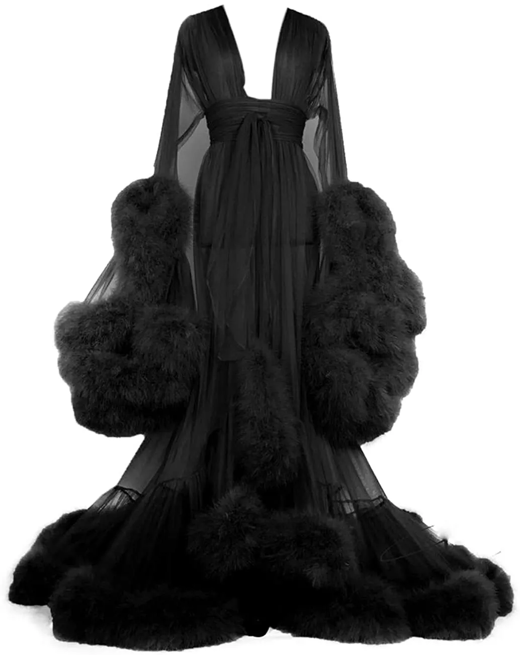 2021 noir robes de soirée femmes enceintes Photo Robes femmes plume bord Tulle longue Robe de mariée peignoirs avec ceinture