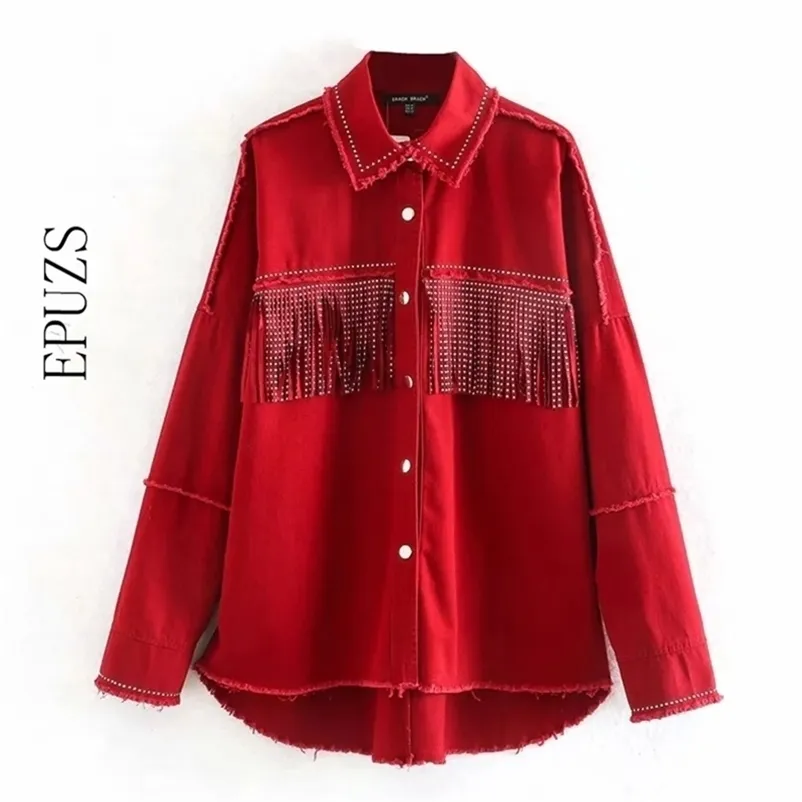 Vintage übergroße Jeansjacke und Mantel mit roten Quasten, Streetwear, asymmetrische Langarmjacke, schicke Damenoberteile 210521