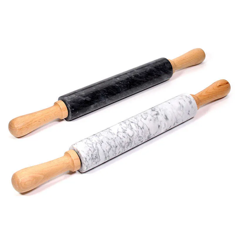 Deluxe Marble Stone Rolling Pin 18in with Wood Handles and base, Baking & Pastry Tools (Gray/Black) 211008