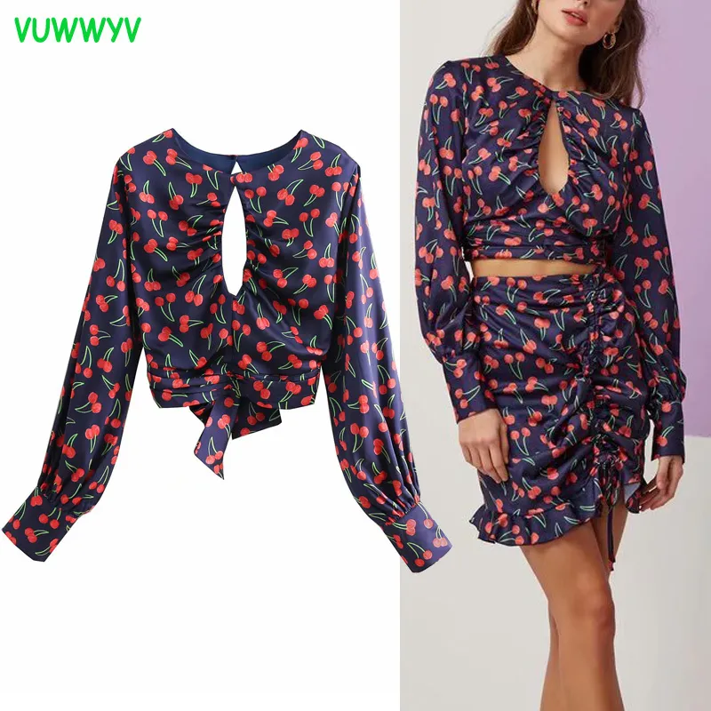 Mode Cherry Print Cut Out Crop Top Dames Zomer Chic High Street Knot Blouses Vrouw Lange Mouw Backless Tunic Tops 210430