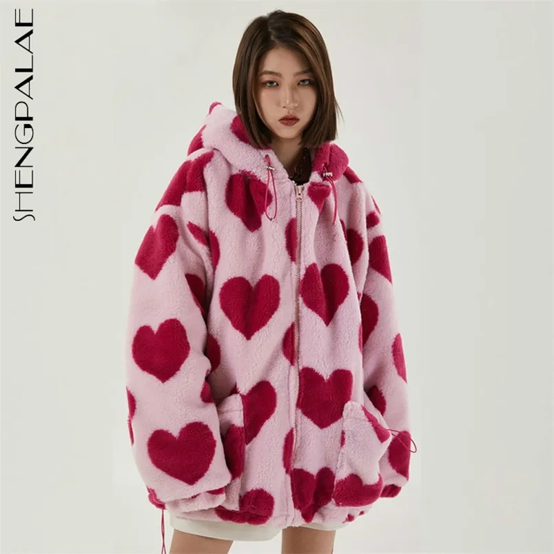 Harajuku сердца полная печать плюшевая куртка женщины зимний корейский большой размер с длинным рукавом с капюшоном хлопковое пальто толщиной теплый 210427