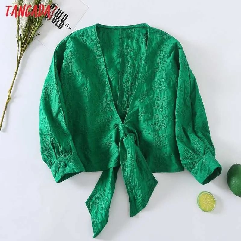 Tangada Women Retro Green Embroidery Romantic Bow Crop Blouse Shirt Three Quarter Sleeve Chic Female Shirt Tops 6H54 210609