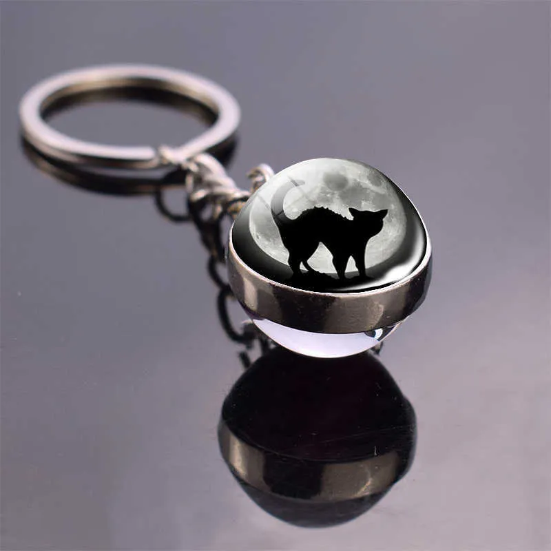 Black Cat Pumpkin Head Bat Jewelry Full Moon Double Sided Keychain Men Women Halloween Gift Fashion Accessories G1019