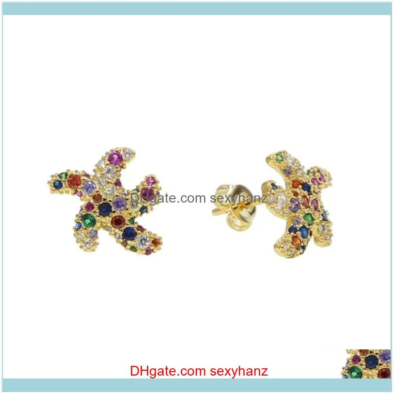 Rainbow Colorful Cz Starfish Sea Star Earring For Women Classic Simple 2021 Christmas Gift Wholesale Geometric Delicate Jewelry Stud