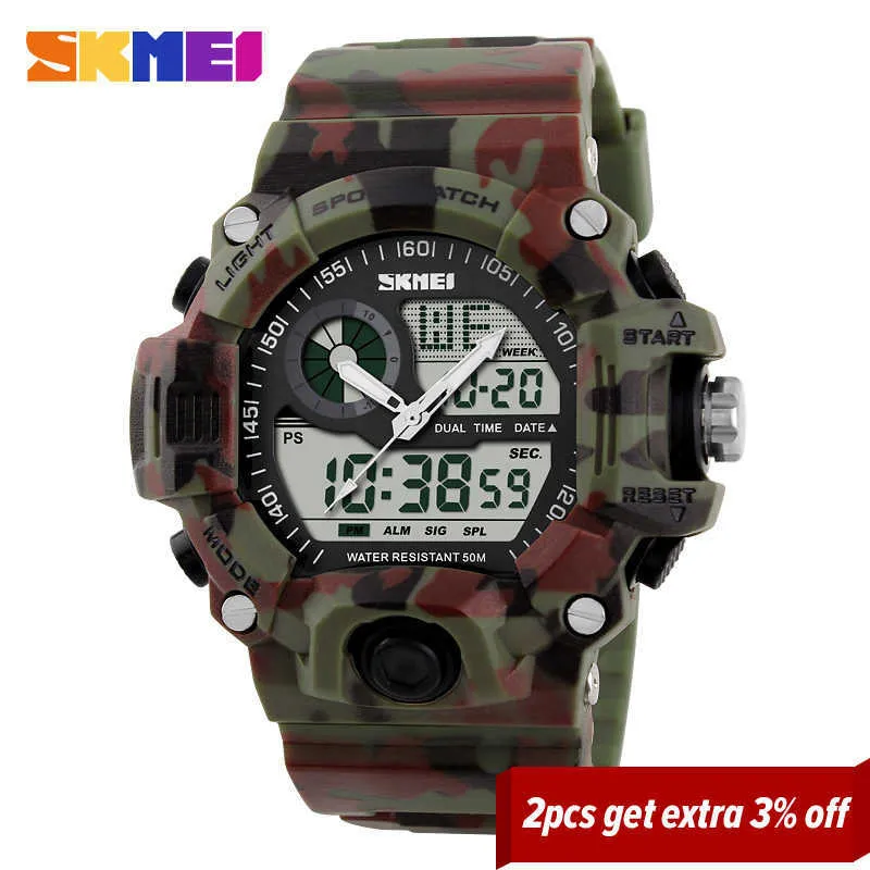 Skmei Orologio sportivo da uomo Led Orologi digitali Doppio display Outdoor 50m Orologio da polso impermeabile Militare Relogio Masculino 1029 Q0524