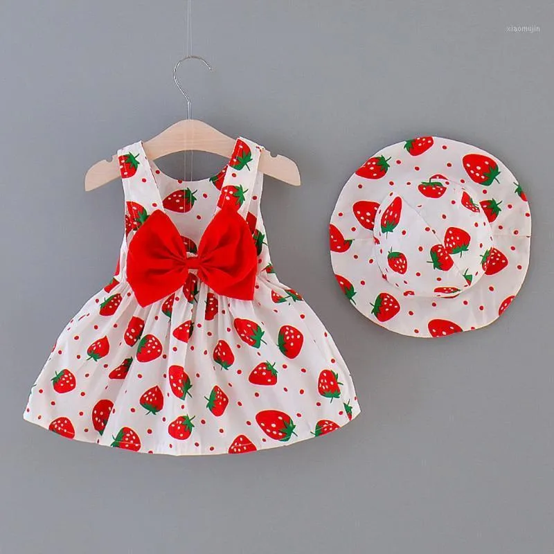 Meisje jurken zomer meisjes prinses jurk peuter baby kinderen aardbei print hoed outfits mouwloze meisje kleding 20