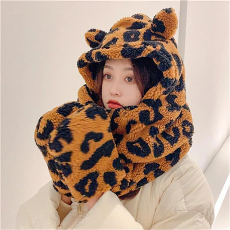 Berets Design Cute Leopard Print Hat And Gloves Scarf With Ears Warm Soft Faux Fur Autumn Winter Funny Personality Trend Caual