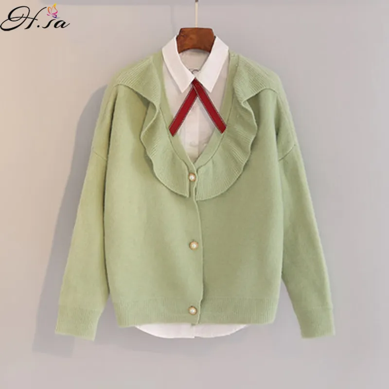 H.SA Mulheres Cardigans Inverno Moda Estilo Coreano Ruffles Poncho Jaqueta De Malha Casual Camisola Verde Jumper 210417