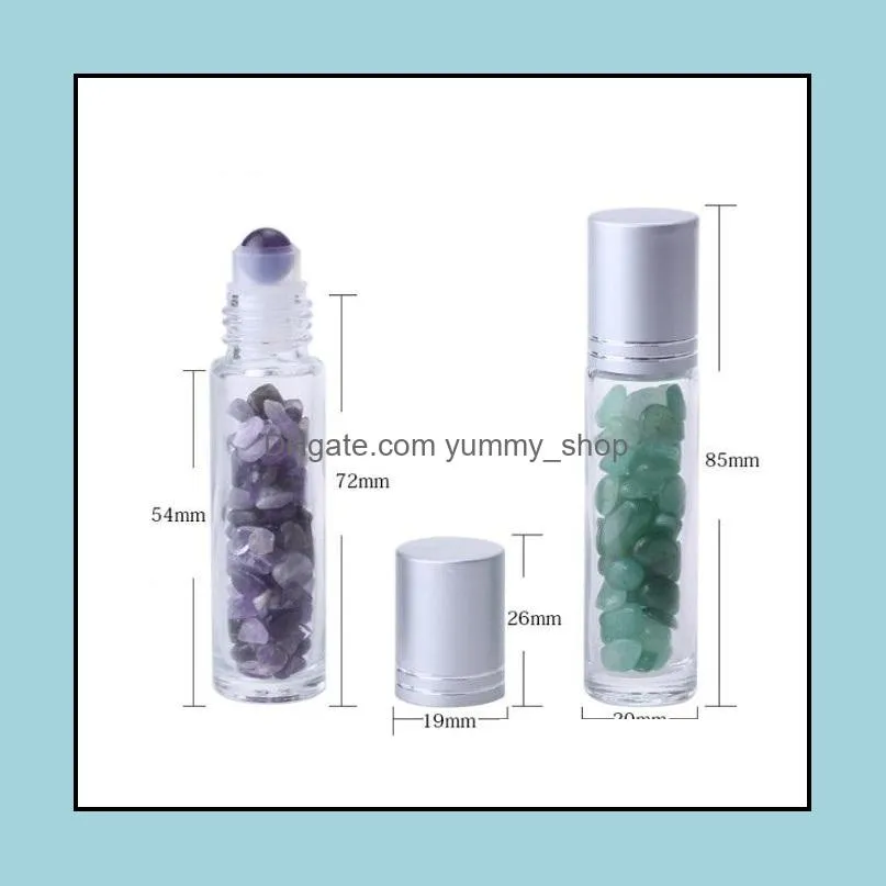 Essential Oil Diffuser 10ml Clear Glass Roll on Perfume Bottles with Crushed Natural Crystal Quartz Stone,Crystal Roller Ball Silver cut