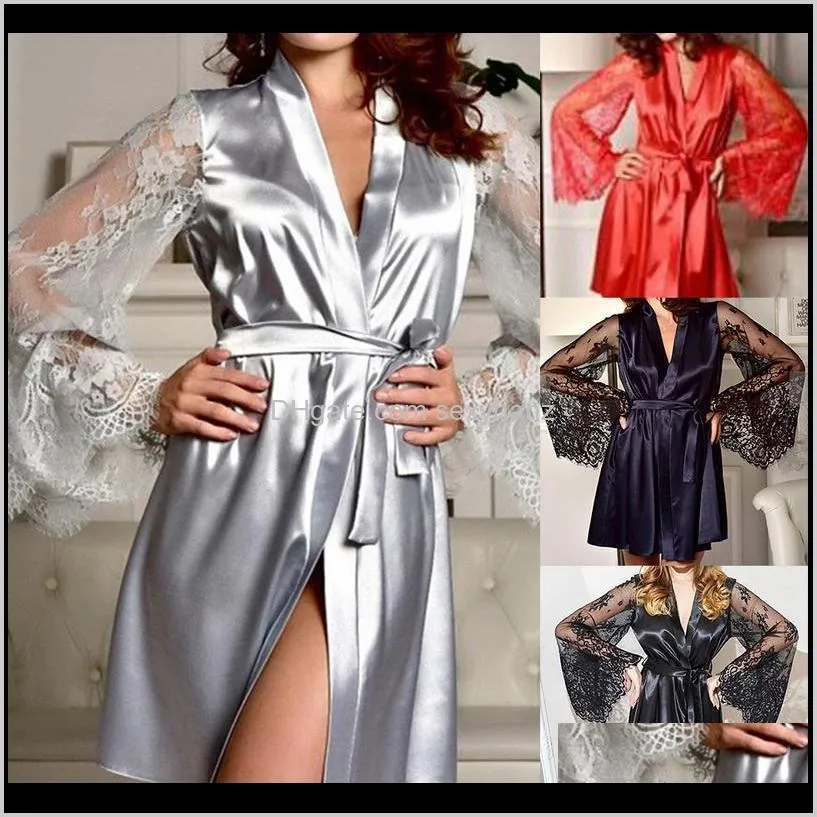 women`s robe sexy pajama bathrobe dress long sleeve silk lace nightgown with belt sleepwear robe women bathrobe night gown loose1