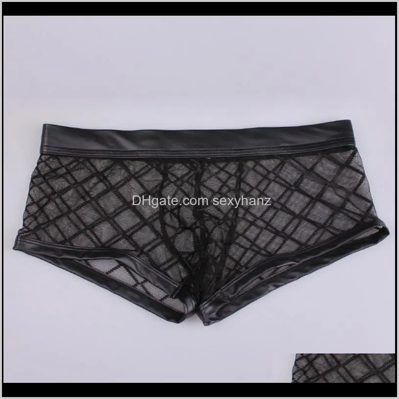 sexy breathable thin boxer black men mesh transparent see through u-convex underwear lingerie gay wear pants